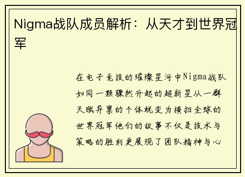 Nigma战队成员解析:从天才到世界冠军