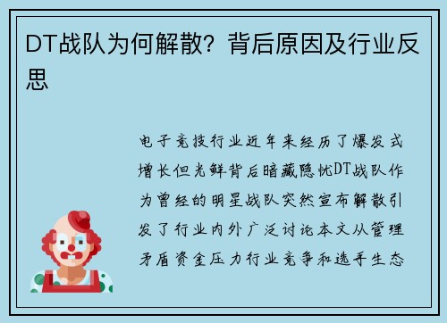 DT战队为何解散?背后原因及行业反思