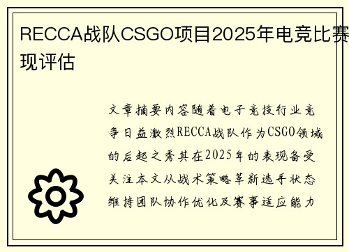 RECCA战队CSGO项目2025年电竞比赛表现评估